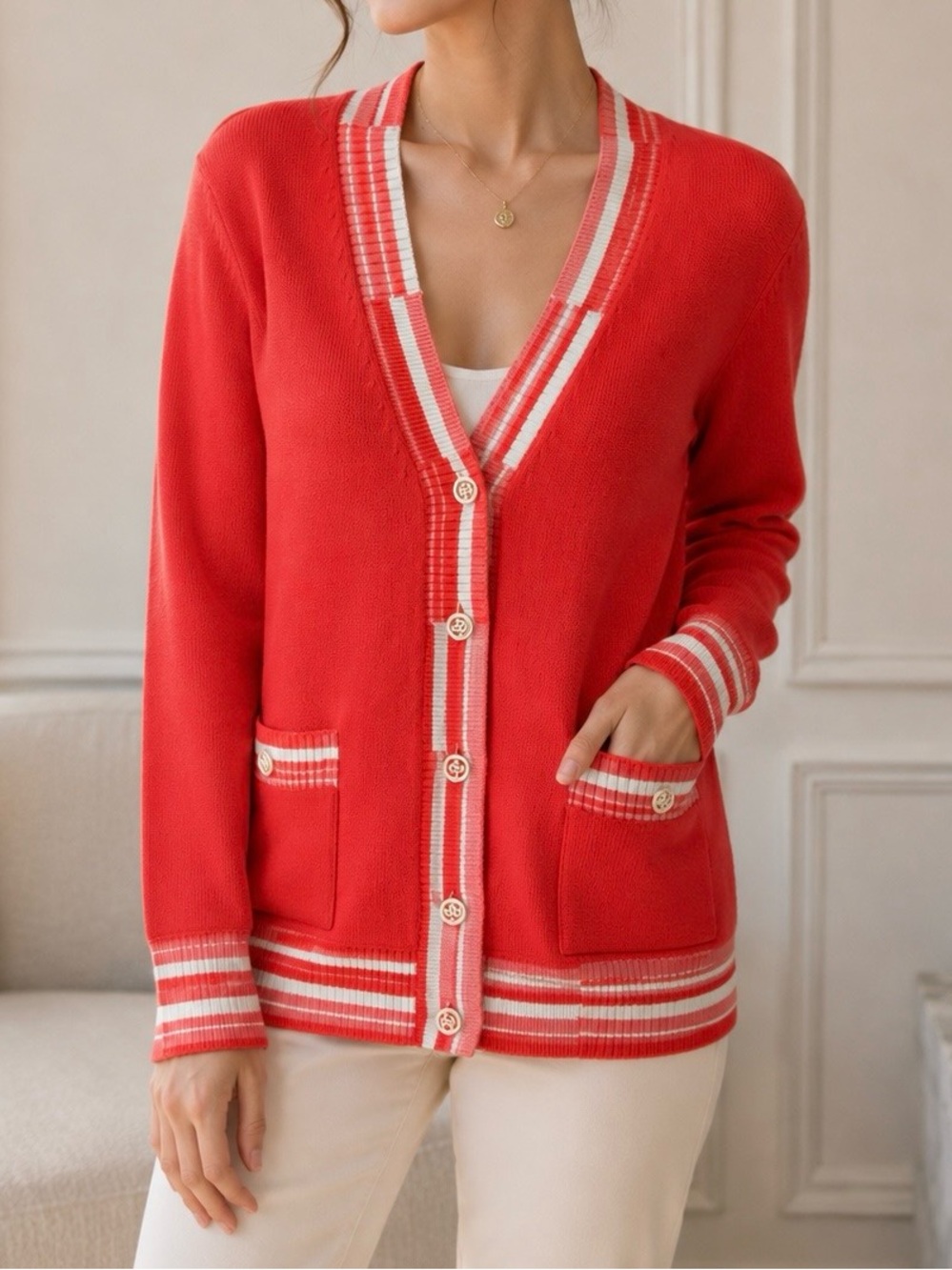 CHANEL 19P Cashmere Cardigan Coral Red Pink Size 38